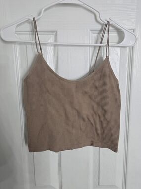 ZARA Ribbed Spaghetti Strap Crop Top - Taupe